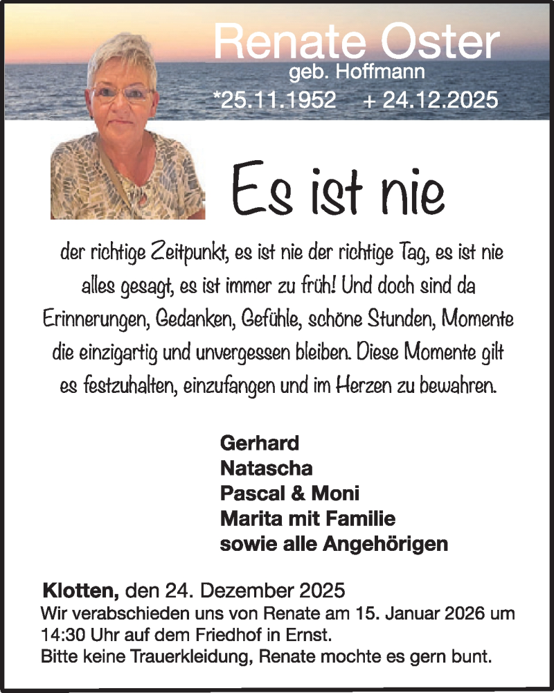  Traueranzeige für Renate Oster vom 10.01.2026 aus WochenSpiegel