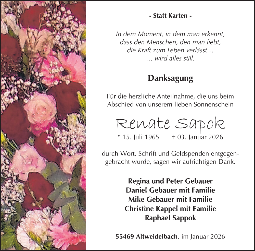  Traueranzeige für Renate Sapok vom 31.01.2026 aus WochenSpiegel