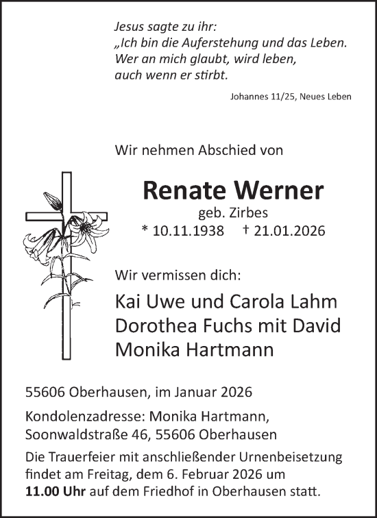 Traueranzeige von Renate Werner von WochenSpiegel