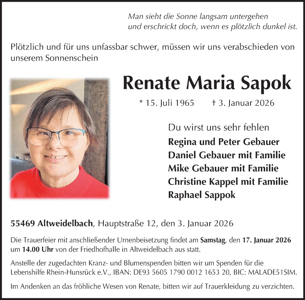  Traueranzeige für Renate Maria Sapok vom 10.01.2026 aus WochenSpiegel