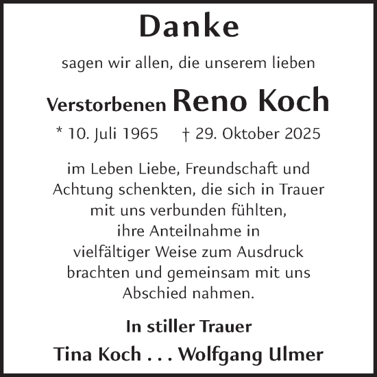 Traueranzeige von Reno Koch von WochenSpiegel