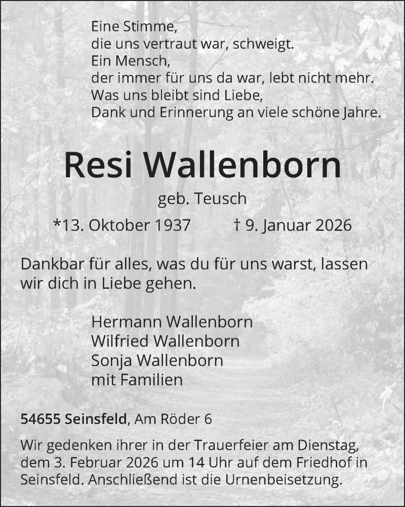 Traueranzeige für Resi Wallenborn vom 23.01.2026 aus WochenSpiegel