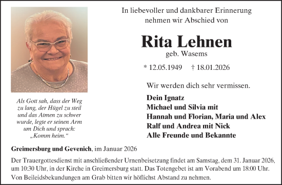 Traueranzeige von Rita Lehnen von WochenSpiegel