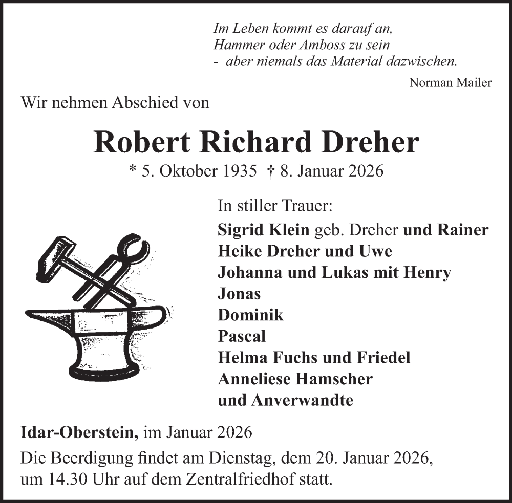  Traueranzeige für Robert Richard Dreher vom 17.01.2026 aus WochenSpiegel