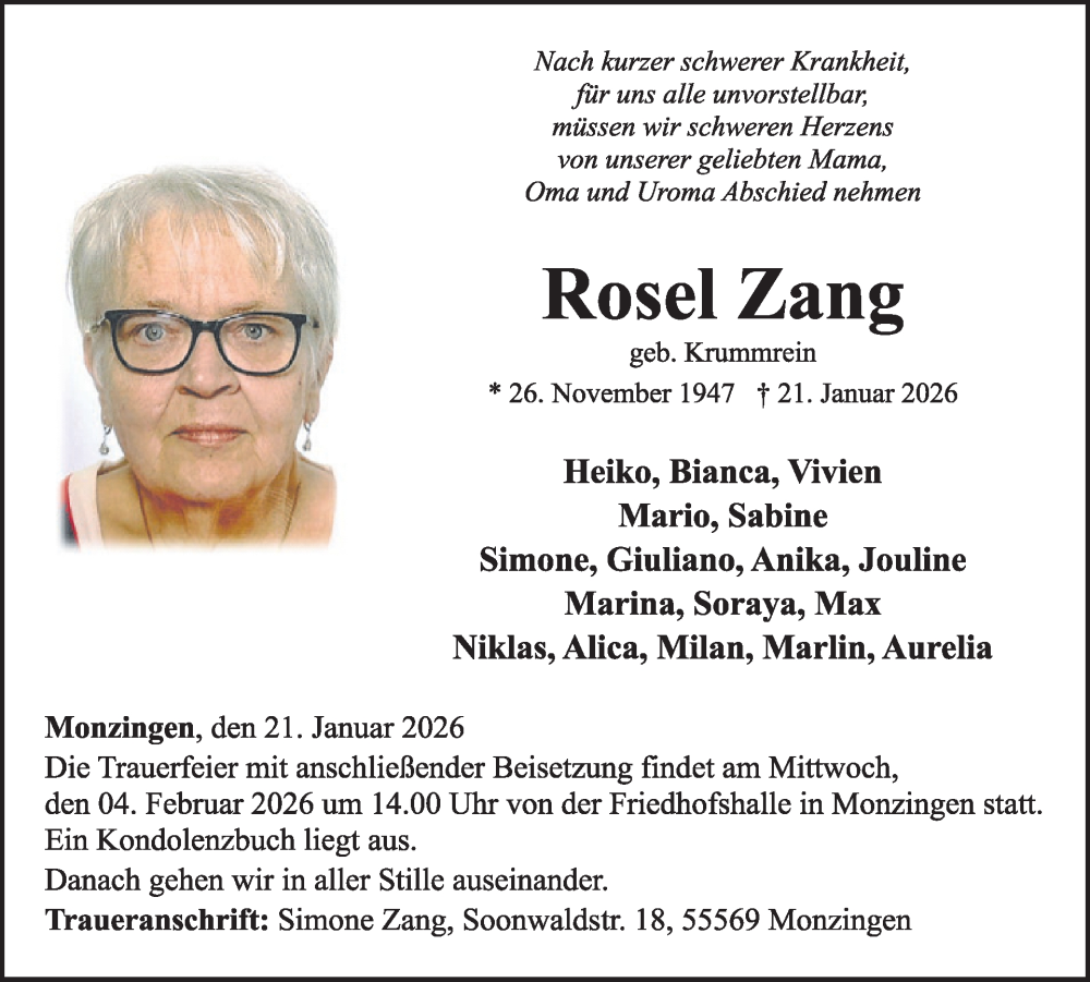  Traueranzeige für Rosel Zang vom 31.01.2026 aus WochenSpiegel