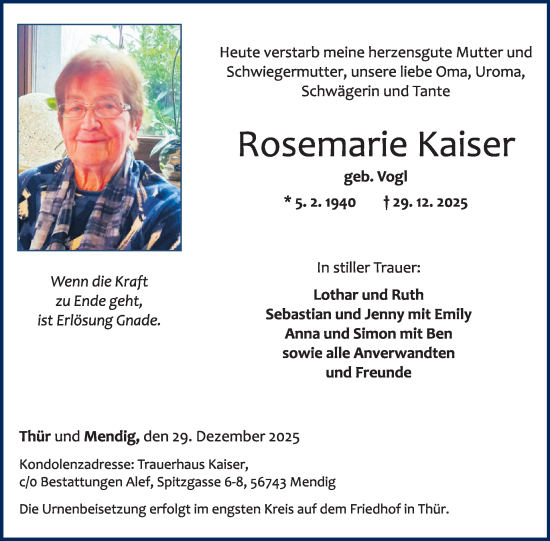 Traueranzeige von Rosemarie Kaiser von WochenSpiegel