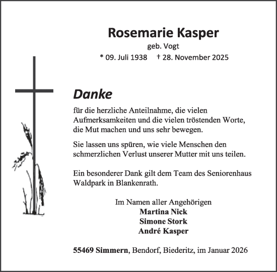 Traueranzeige von Rosemarie Kasper von WochenSpiegel
