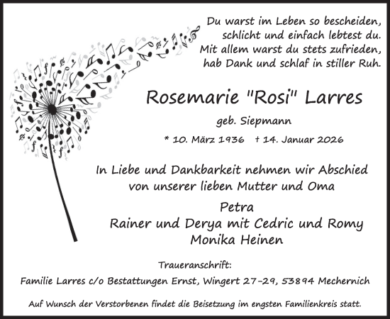Traueranzeige von Rosemarie Larres von WochenSpiegel