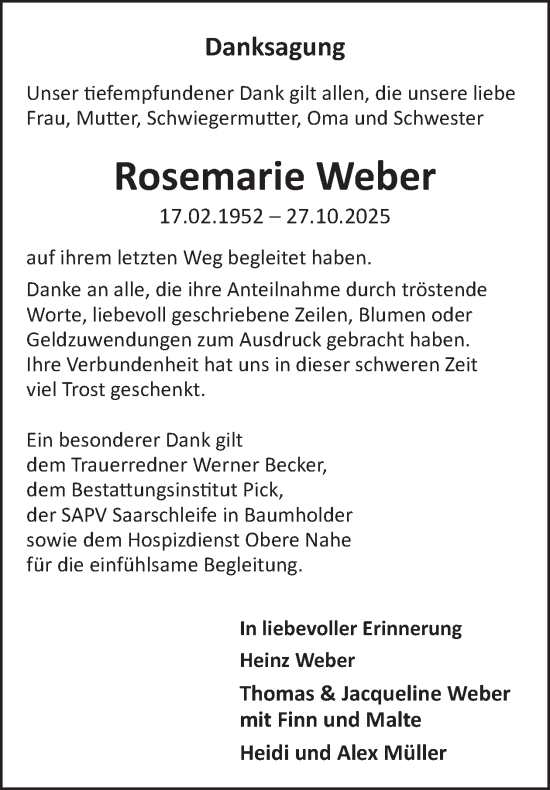 Traueranzeige von Rosemarie Weber von WochenSpiegel