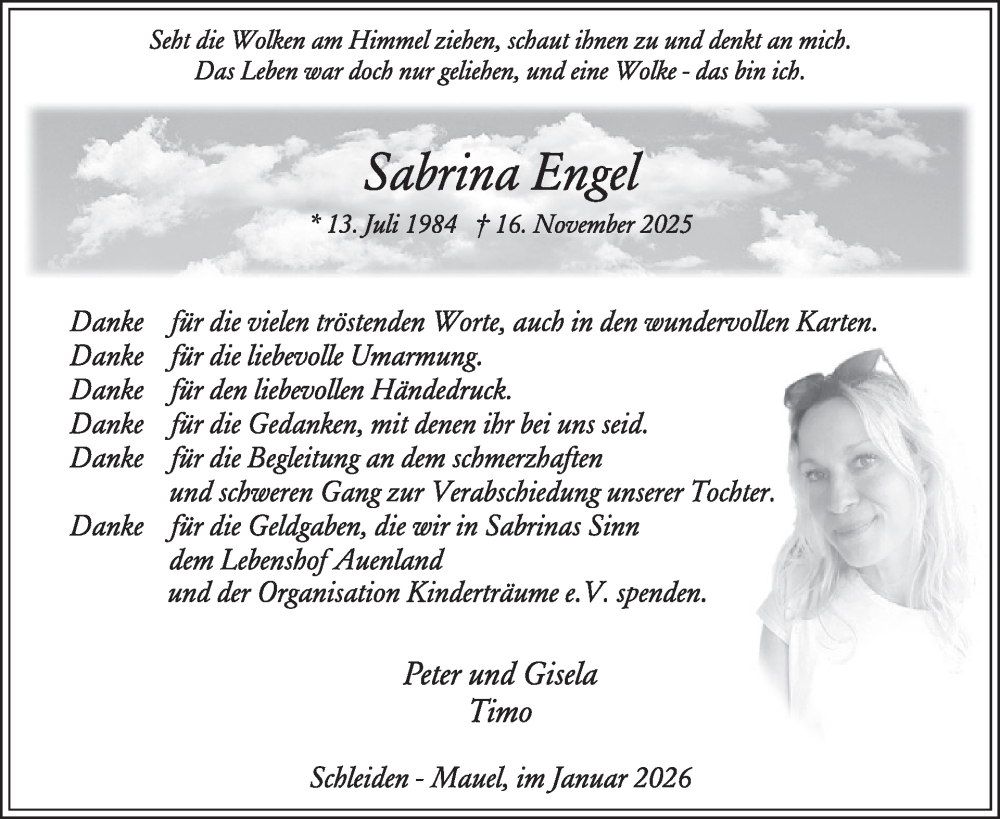  Traueranzeige für Sabrina Engel vom 21.01.2026 aus WochenSpiegel