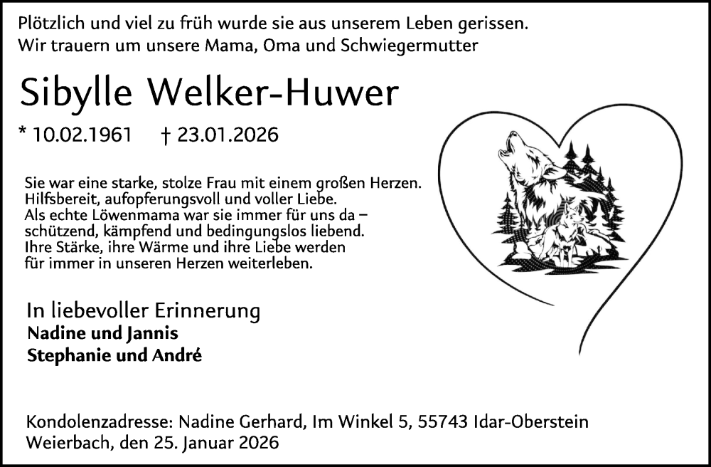  Traueranzeige für Sibylle Welker-Huwer vom 31.01.2026 aus WochenSpiegel