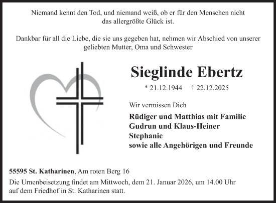 Traueranzeige von Sieglinde Ebertz von WochenSpiegel