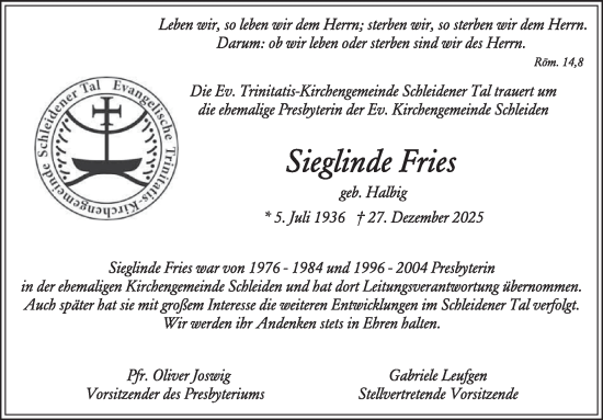 Traueranzeige von Sieglinde Fries von WochenSpiegel