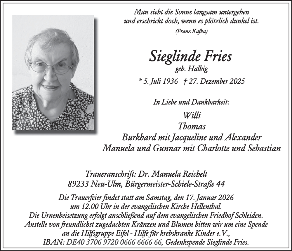  Traueranzeige für Sieglinde Fries vom 07.01.2026 aus WochenSpiegel