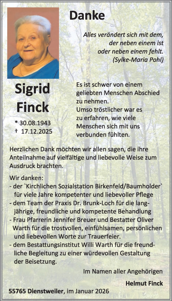Traueranzeige von Sigrid Finck von WochenSpiegel