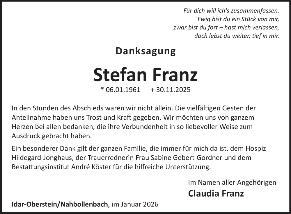  Traueranzeige für Stefan Franz vom 24.01.2026 aus WochenSpiegel