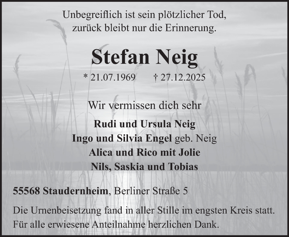  Traueranzeige für Stefan Neig vom 31.01.2026 aus WochenSpiegel