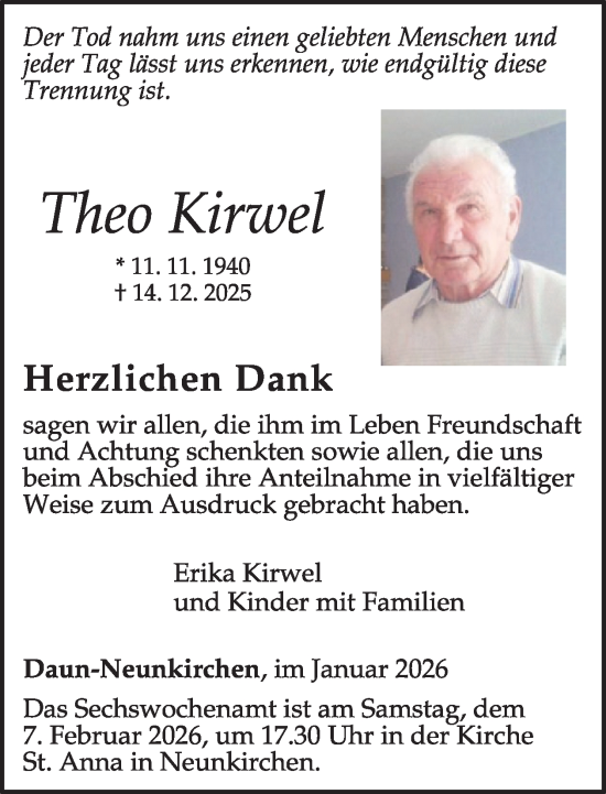 Traueranzeige von Theo Kirwel von WochenSpiegel