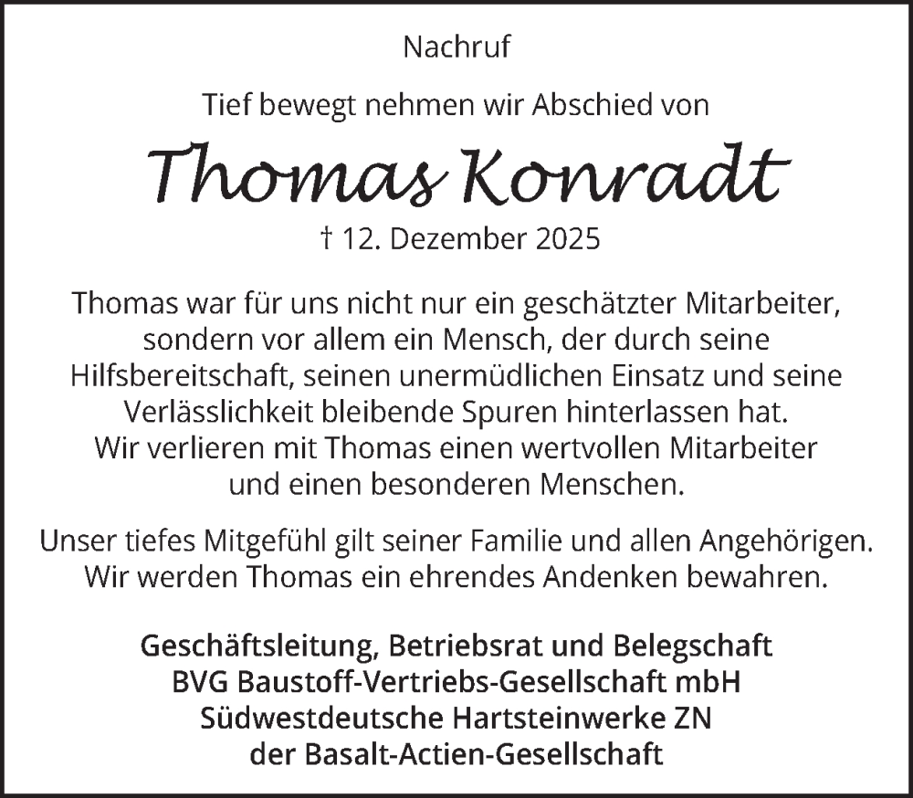  Traueranzeige für Thomas Konradt vom 24.01.2026 aus WochenSpiegel