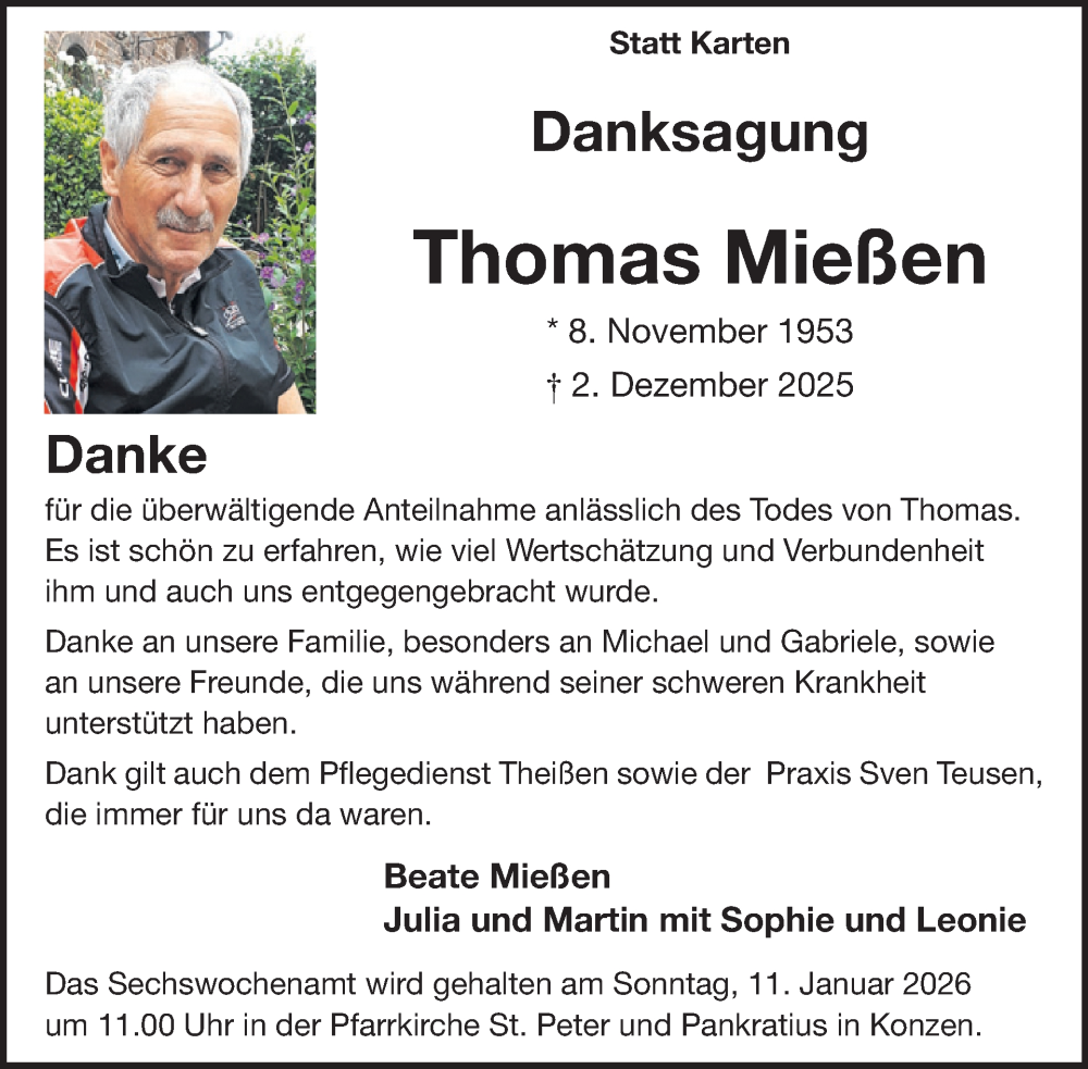  Traueranzeige für Thomas Mießen vom 07.01.2026 aus WochenSpiegel