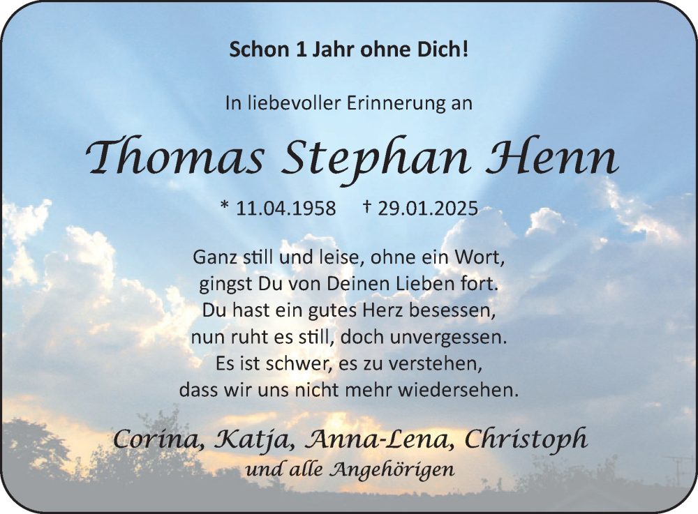  Traueranzeige für Thomas Stephan Henn vom 31.01.2026 aus WochenSpiegel