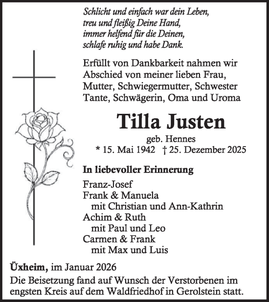 Traueranzeige von Tilla Justen von WochenSpiegel