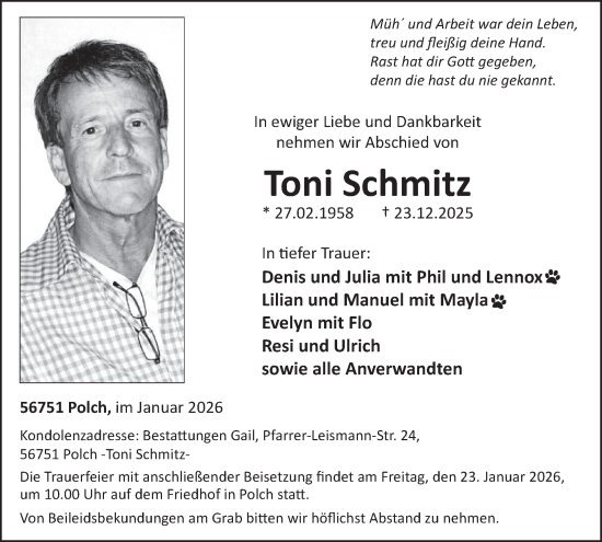 Traueranzeige von Toni Schmitz von WochenSpiegel