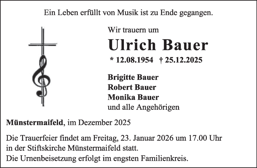  Traueranzeige für Ulrich Bauer vom 07.01.2026 aus WochenSpiegel