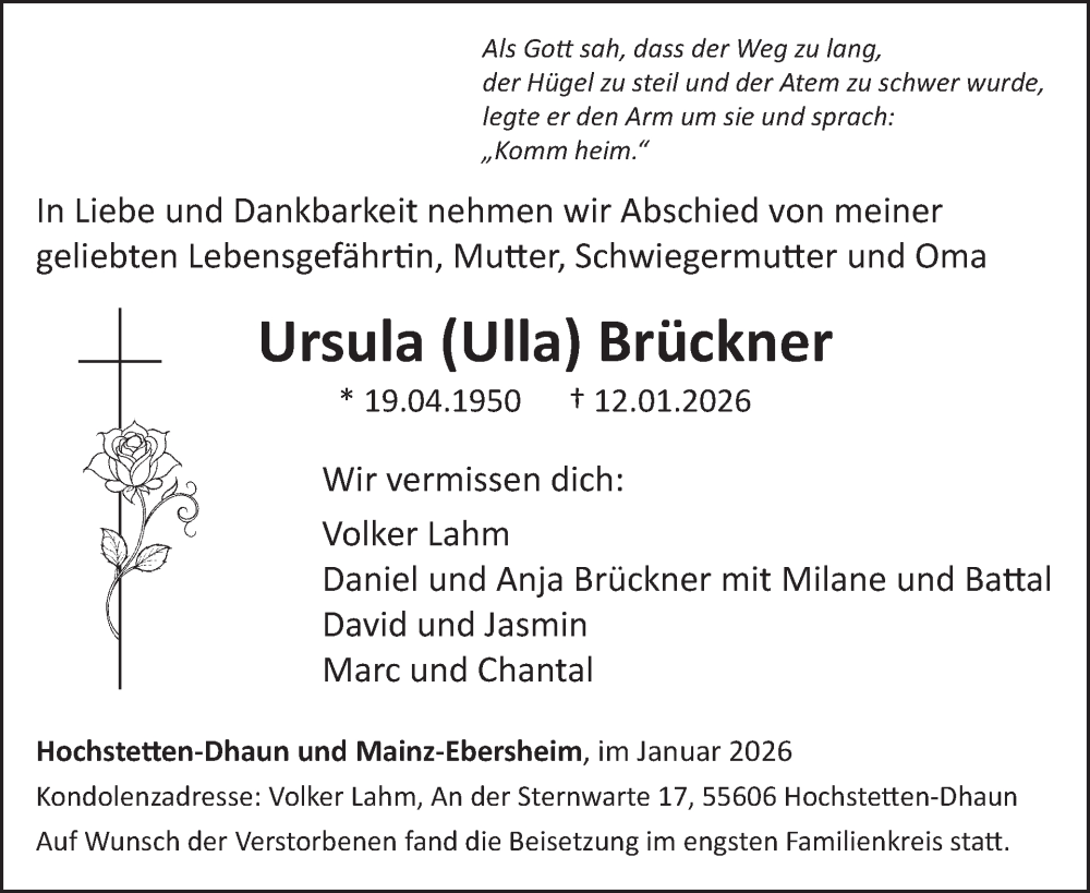  Traueranzeige für Ursula Brückner vom 31.01.2026 aus WochenSpiegel