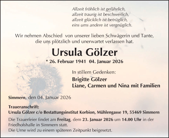 Traueranzeige von Ursula Gölzer von WochenSpiegel