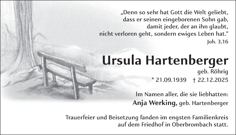  Traueranzeige für Ursula Hartenberger vom 10.01.2026 aus WochenSpiegel