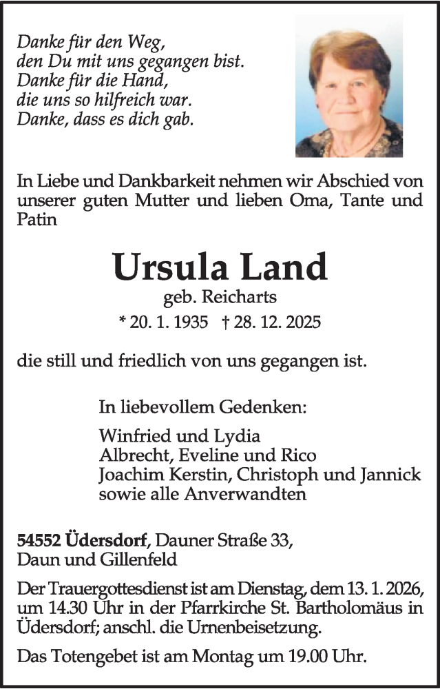  Traueranzeige für Ursula Land vom 10.01.2026 aus WochenSpiegel