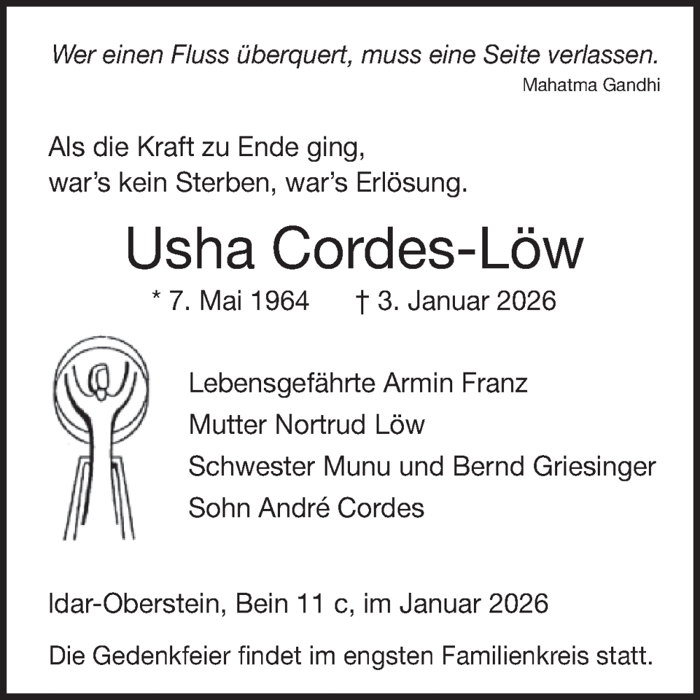  Traueranzeige für Usha Cordes-Löw vom 24.01.2026 aus WochenSpiegel