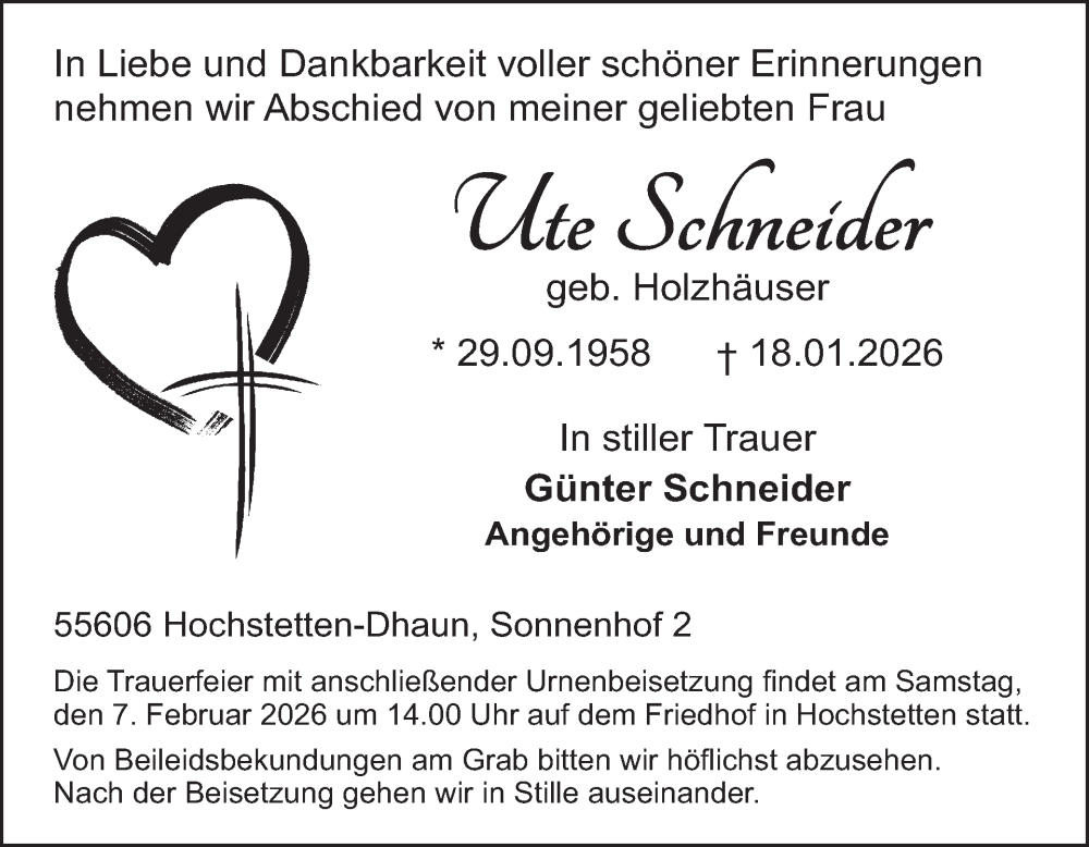  Traueranzeige für Ute Schneider vom 31.01.2026 aus WochenSpiegel