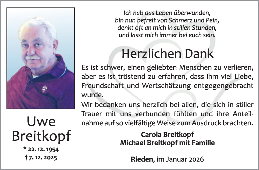  Traueranzeige für Uwe Breitkopf vom 21.01.2026 aus WochenSpiegel