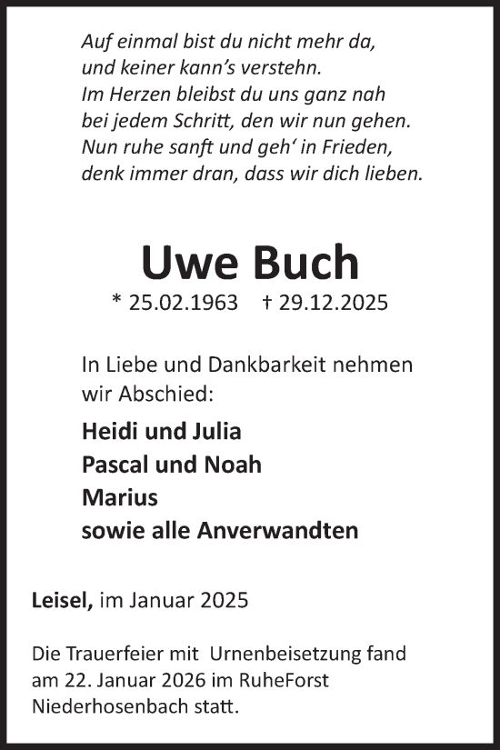 Traueranzeige von Uwe Buch von WochenSpiegel