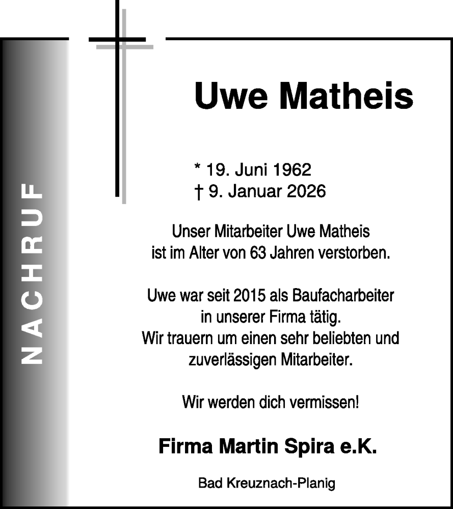  Traueranzeige für Uwe Matheis vom 24.01.2026 aus WochenSpiegel