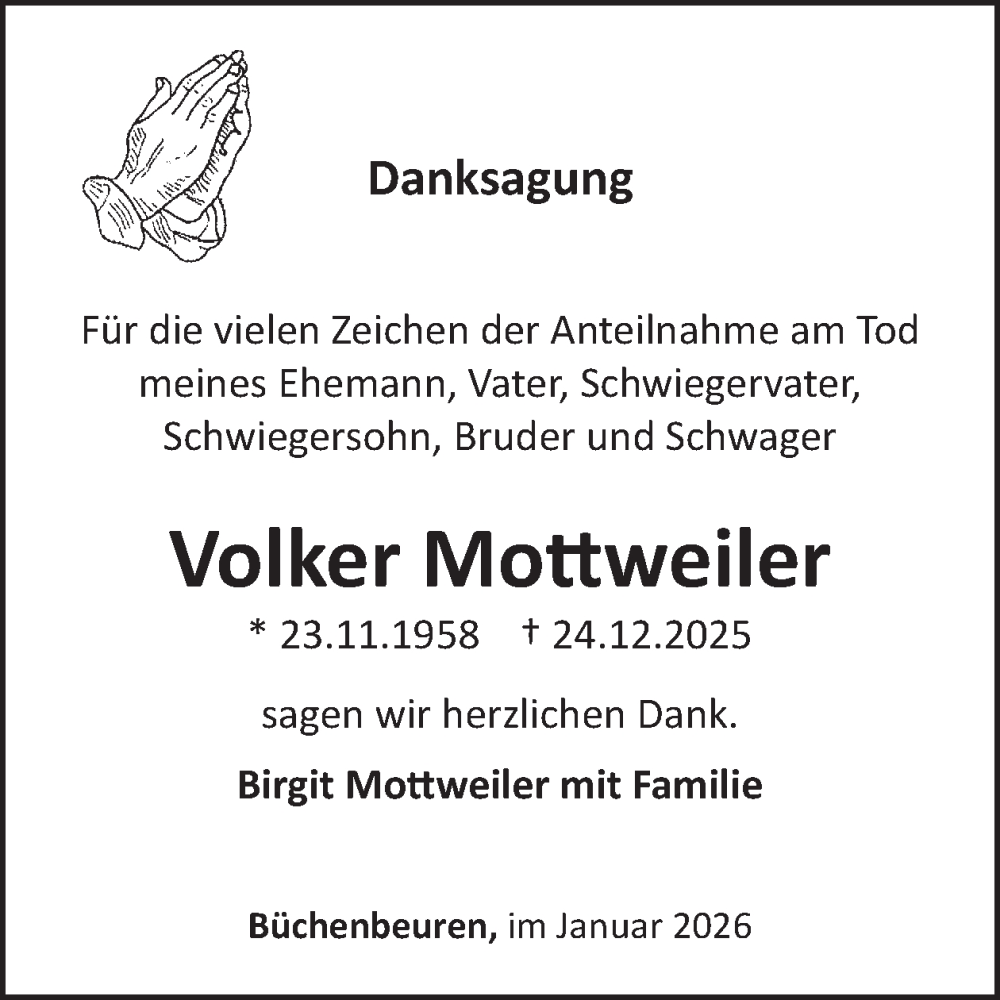  Traueranzeige für Volker Mottweiler vom 24.01.2026 aus WochenSpiegel