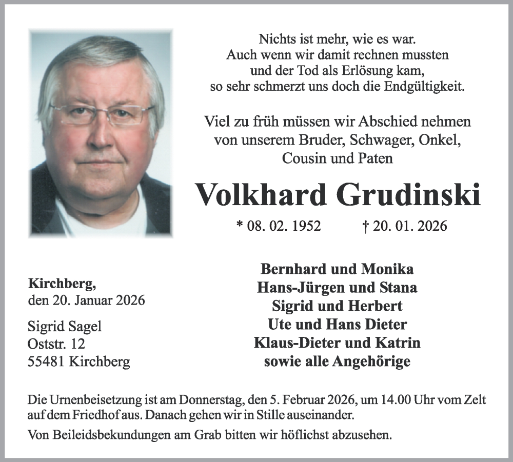  Traueranzeige für Volkhard Grudinski vom 31.01.2026 aus WochenSpiegel