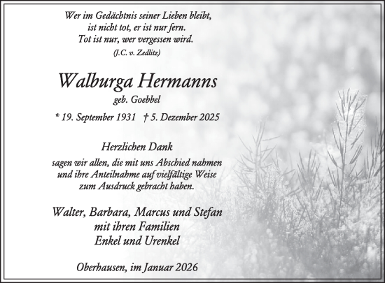 Traueranzeige von Walburga Hermanns von WochenSpiegel