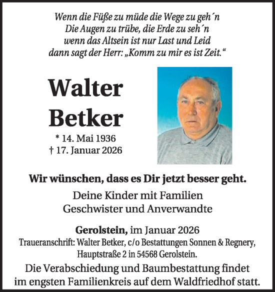 Traueranzeige von Walter Betker von WochenSpiegel