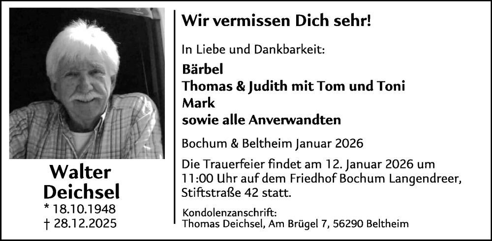  Traueranzeige für Walter Deichsel vom 10.01.2026 aus WochenSpiegel
