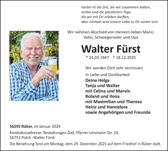 Traueranzeige von Walter Fürst von WochenSpiegel