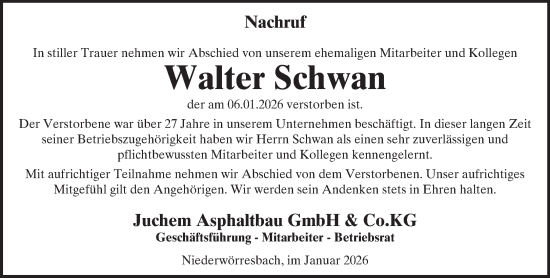 Traueranzeige von Walter Schwan von WochenSpiegel