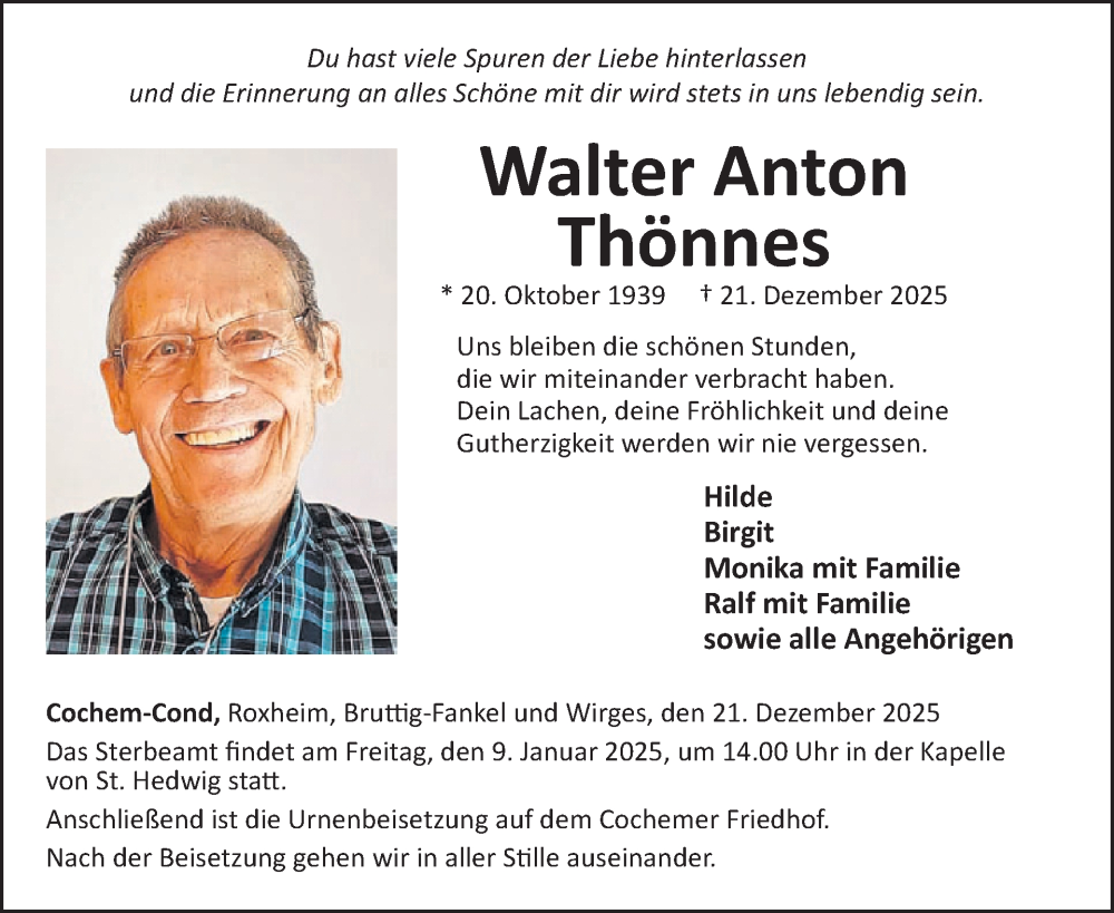  Traueranzeige für Walter Anton Thönnes vom 07.01.2026 aus WochenSpiegel