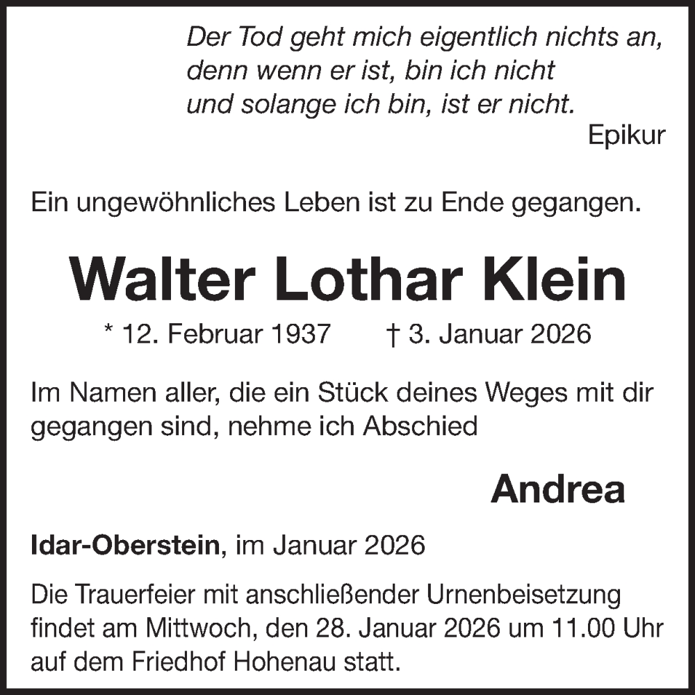  Traueranzeige für Walter Lothar Klein vom 24.01.2026 aus WochenSpiegel