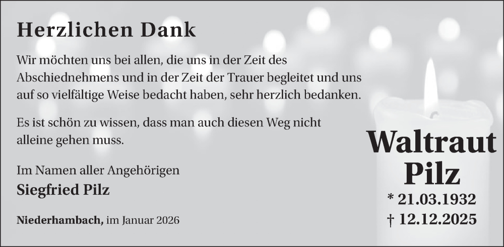 Traueranzeige für Waltraud Pilz vom 24.01.2026 aus WochenSpiegel