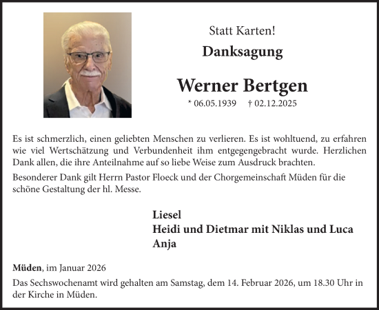 Traueranzeige von Werner Bertgen von WochenSpiegel