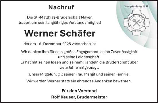Traueranzeige von Werner Schäfer von WochenSpiegel
