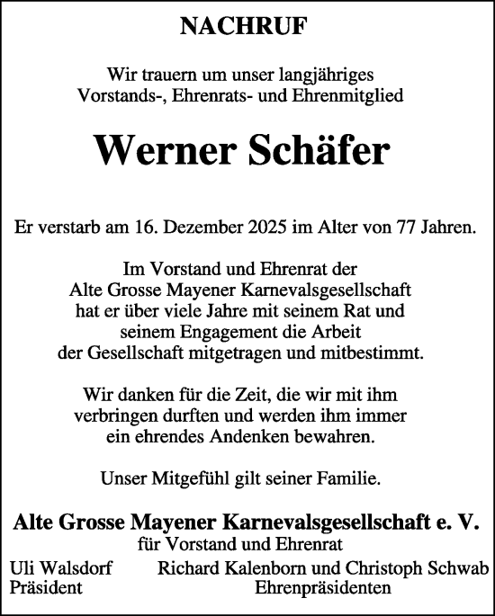 Traueranzeige von Werner Schäfer von WochenSpiegel